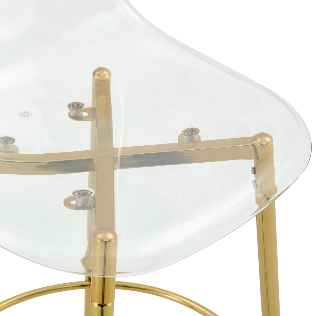 Sgabello da bar trasparente 2 pezzi con schienale ergonomico e seduta 66 cm, gambe in metallo oro, plastica trasparente