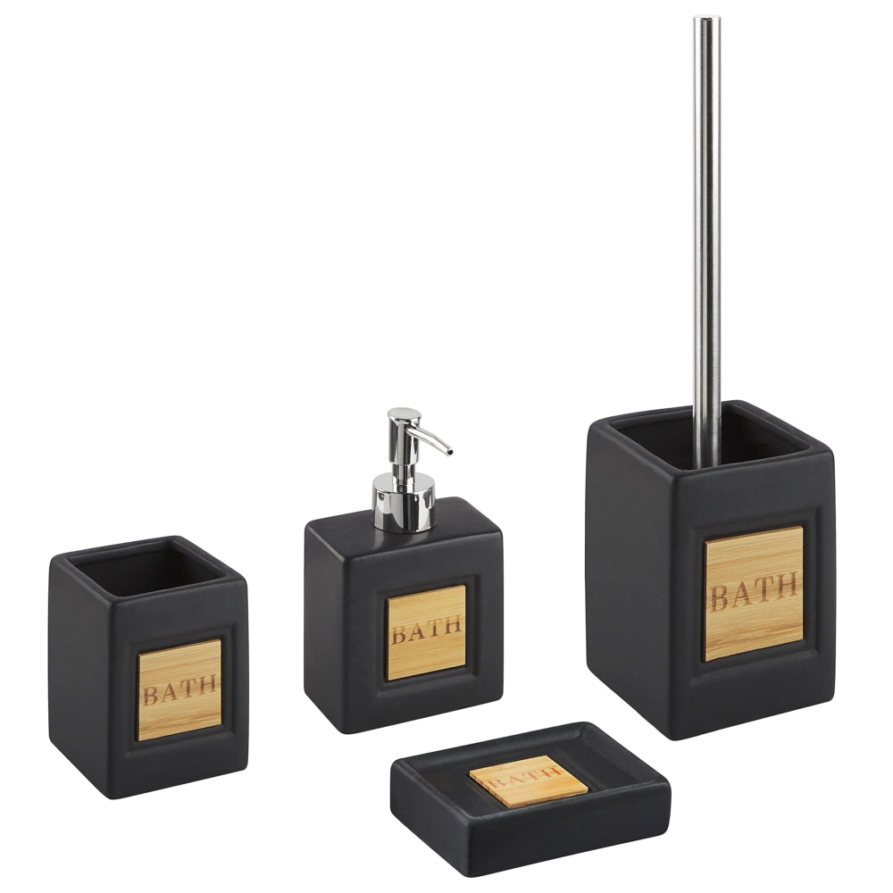 Set di 4 Accessori Bagno in Ceramica nero e legno chiaro dispenser sapone portasapone Bicchiere Portaspazzolino