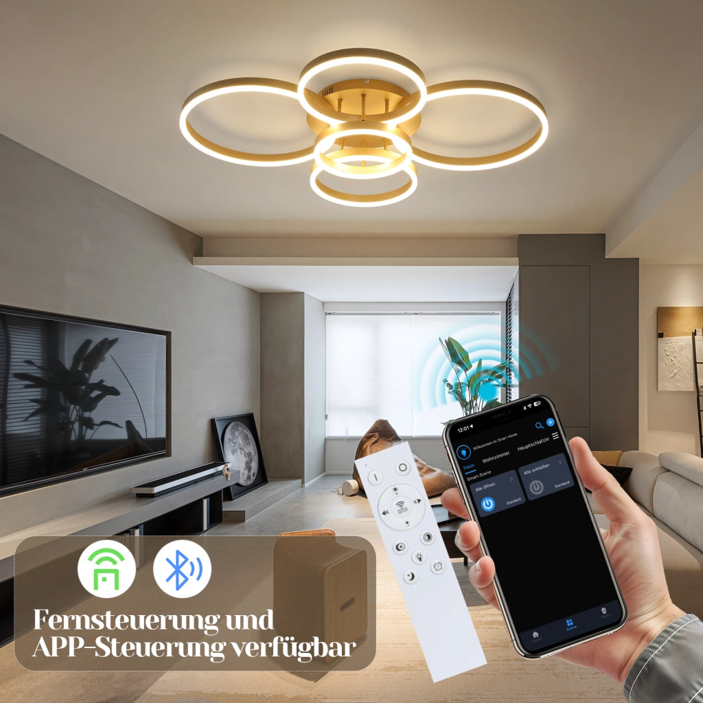 ZMH Lampada da soffitto plafoniera LED 78W dorata dimmerabile telecomando 5 anelli per soggiorno camera letto