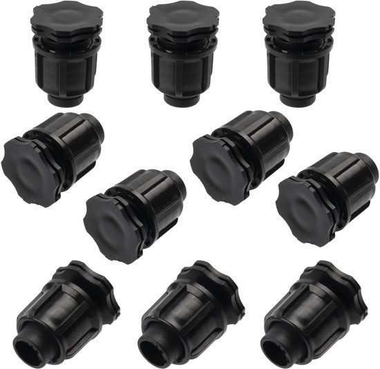 Set di capi di irrigazione per giardino a goccia - 10 pezzi - Diametro 16 mm - Flessibilità idrica - Materiale ecocompatibile in plastica - Cappuccio chiuso