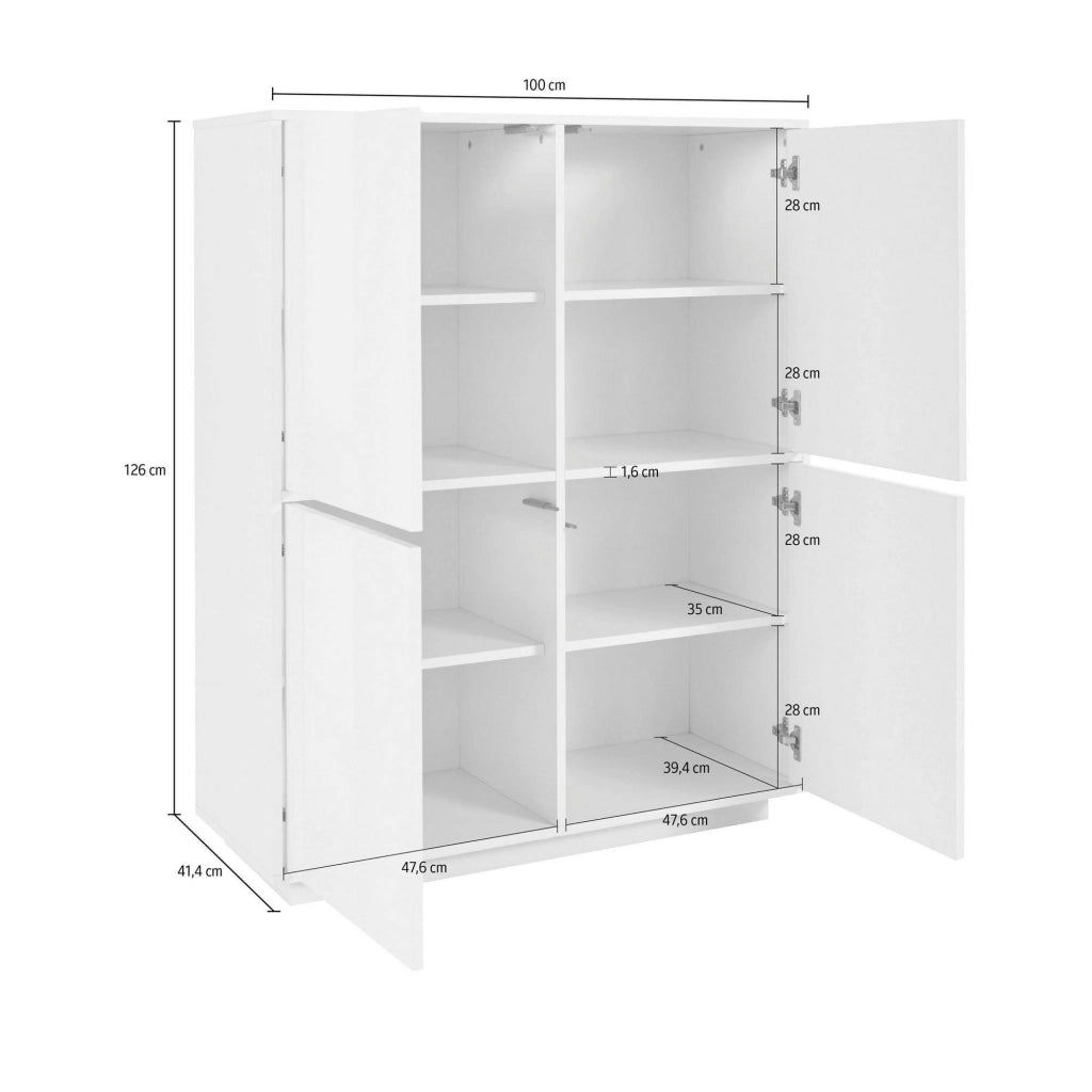 Credenza Ara, Madia da cucina a 4 ante, Buffet da soggiorno, 100% Made in Italy, cm 100x41h126, Bianco lucido