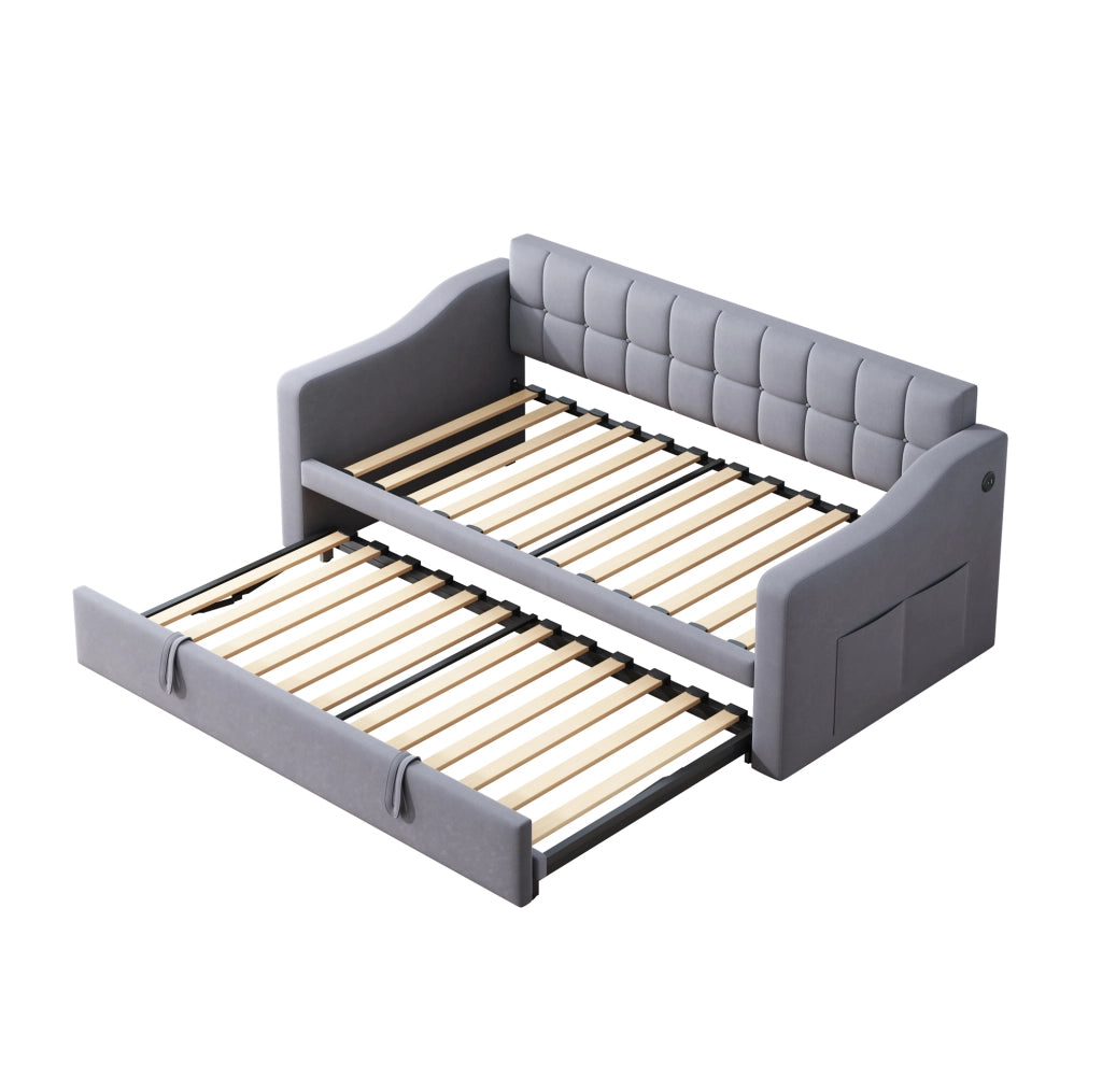 Divano letto 2 in 1 in velluto grigio con contenitore e prese USB, 90/180 cm