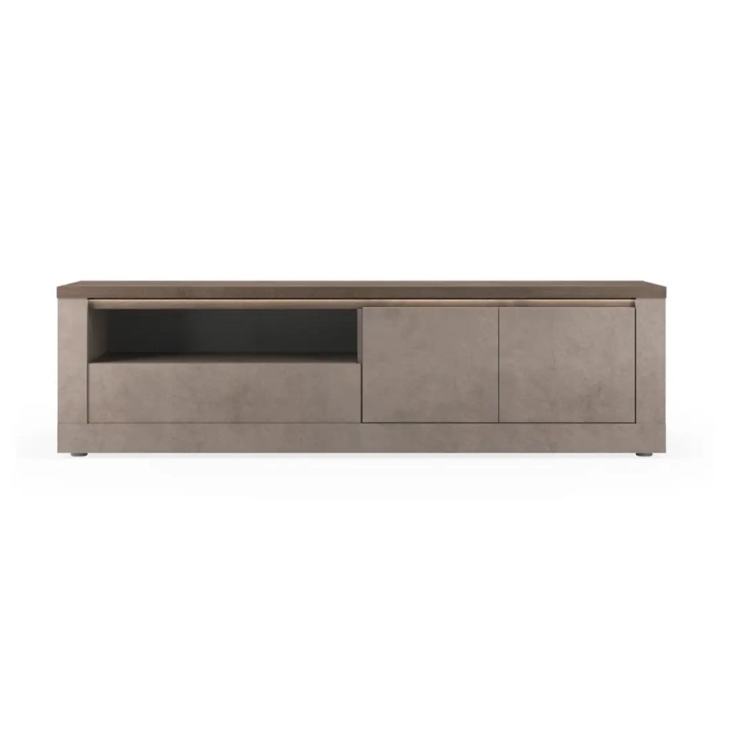 Mobile TV SASHA – 2 porte, 1 cassetto e 1 vano con LED – Bronzo e piano in legno Mercurio