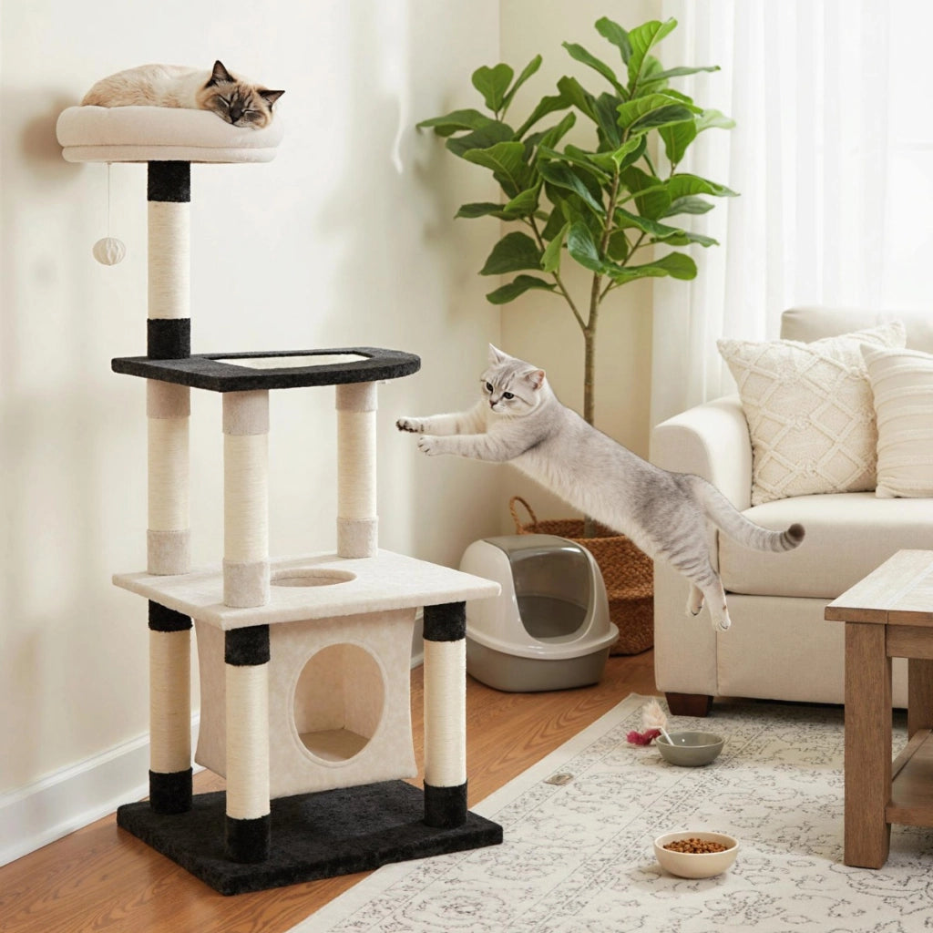 Albero per gatti a pi¨´ livelli torre alta per gatti con tiragraffi in sisal e tavole-Albero per gatti posatoio imbottito in cima Beige