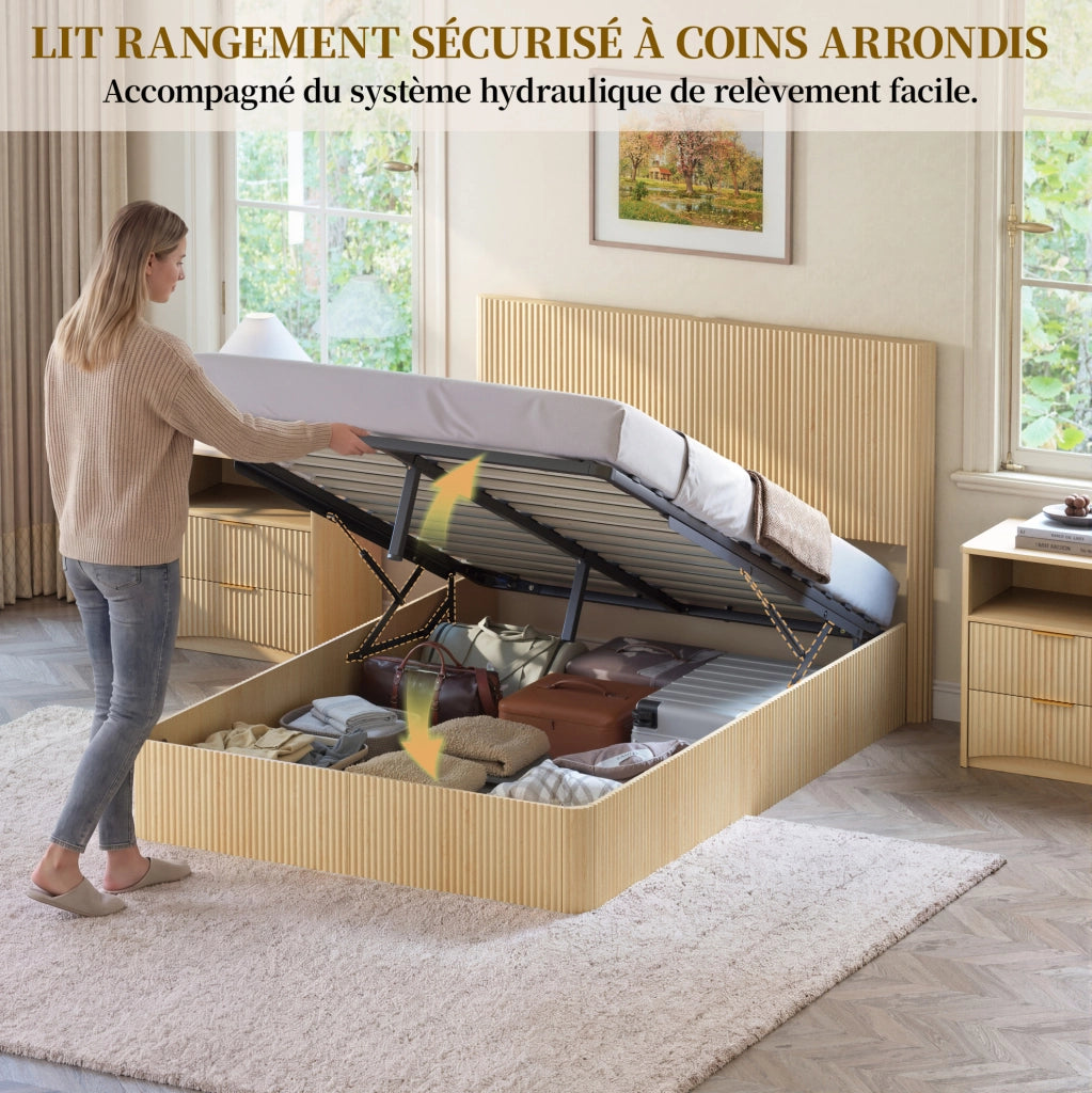 Letto contenitore 140 x 200 cm con sollevamento idraulico; MDF e metallo; rovere chiaro