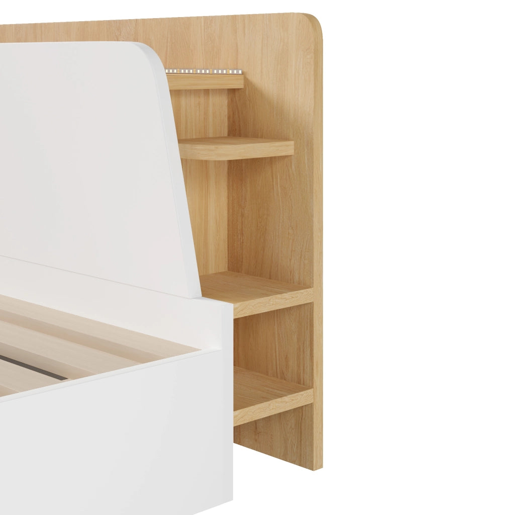 Letto matrimoniale 140x200 cm con contenitore idraulico; LED; USB e USB-C; bianco e naturale