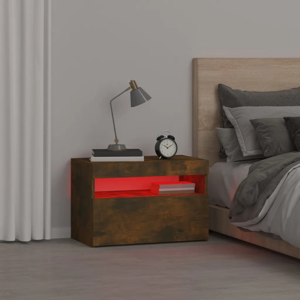 Comodino con Luci LED-Tavolino da notte Rovere Fumo 60x35x40 cm