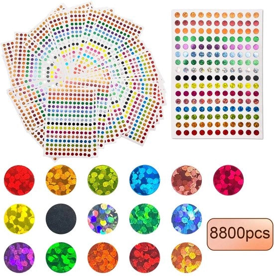 Etichette 8800 Stuks - Punti Circolari Lucidi - Etichette Ronde - 16 Colori - Carta di Alta Qualità - Ambientalmente Perveniente - Adesivi