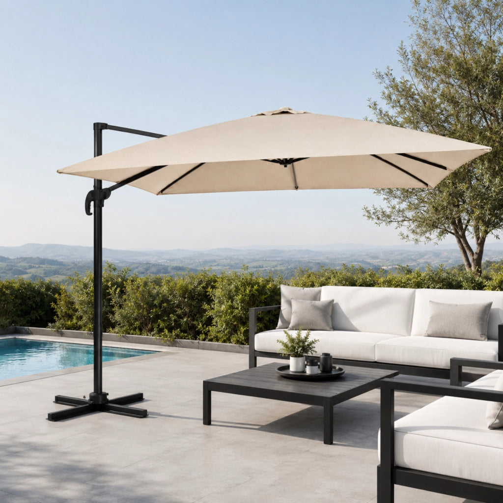 Ombrellone 3x3 Metri Con Palo Laterale In Acciaio E Base A Croce Struttura Rinforzata Copertura In Poliestere Quadrato Per Terrazza Patio Zona Piscina E Spazi Outdoor 300 x 300 x 273 Cm Tortora
