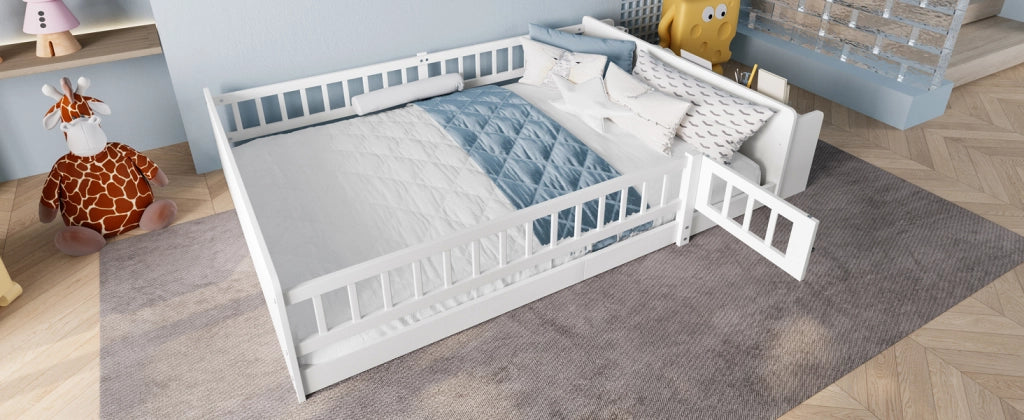 DESMIU Letto Bambino 140 × 190 cm 2 Posti con Vani Aperti, Ripiani e Sponda Apribile, Senza Materasso