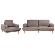 Set da salotto a 4 posti con divano in tessuto e poltrona braccioli svasati in stile moderno marrone