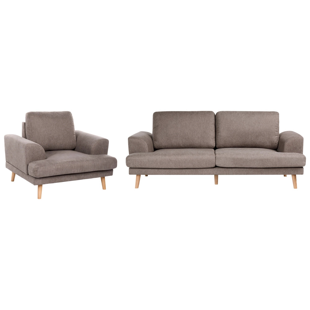 Set da salotto a 4 posti con divano in tessuto e poltrona braccioli svasati in stile moderno marrone