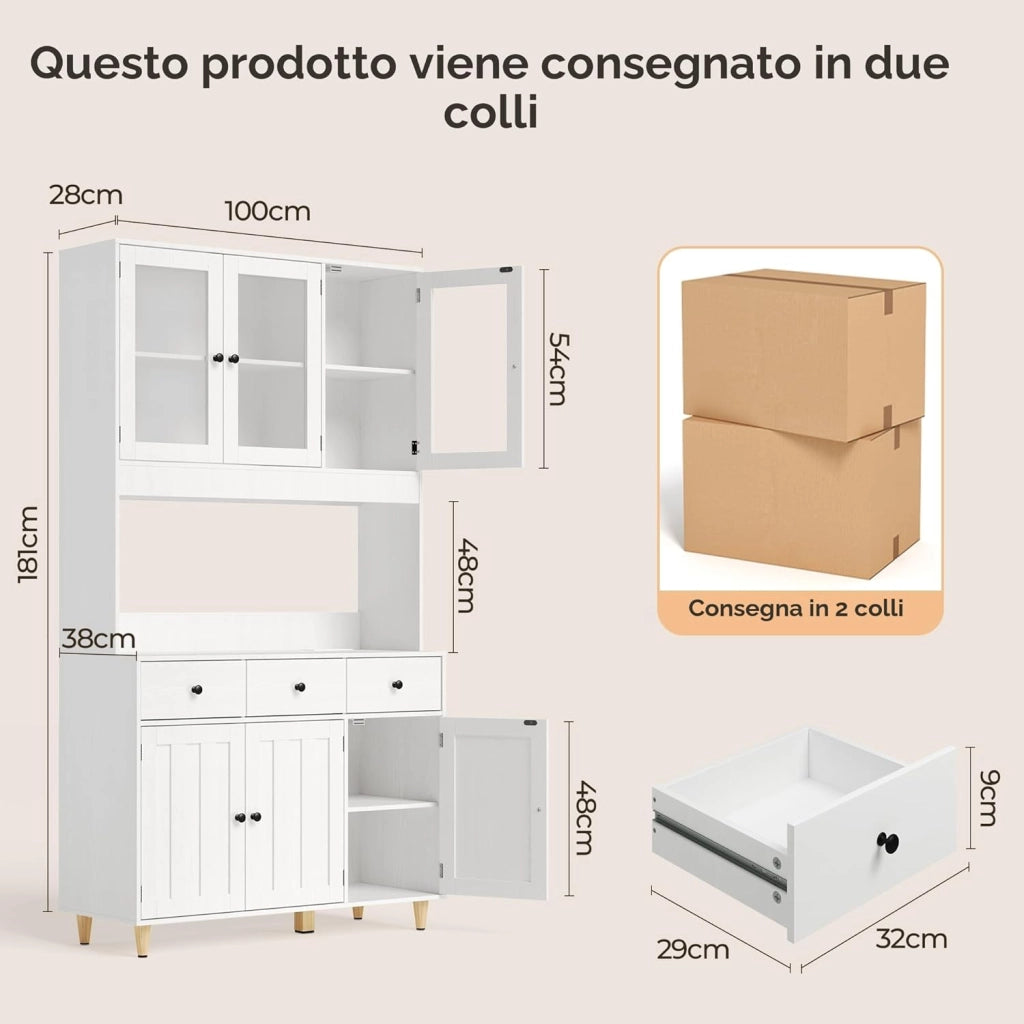 Armadio con piano di lavoro, armadietto a buffet con LED, credenza alta, Armadio per alimenti di grande capacità a 6 ante, 100x38x180cm