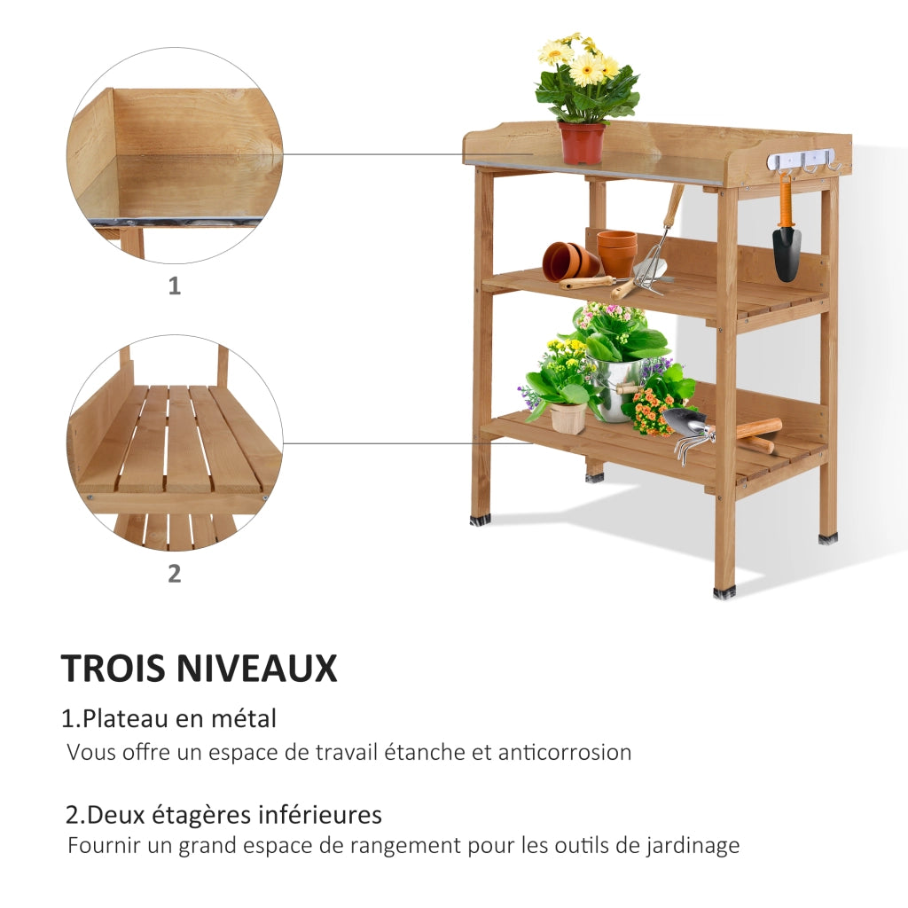 Tavolo da giardinaggio con ripiani e ganci ¨C zephmum ¨C in legno e acciaio galvanizzato