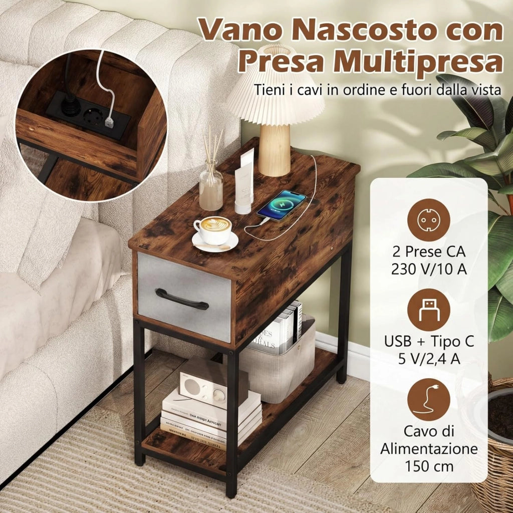Tavolino da Salotto, Tavolino Laterale con Stazione di Ricarica & Luci LED, Cassetto in Tessuto e Ripiano Aperto, Mobile Versatile da Camera da Letto e Soggiorno