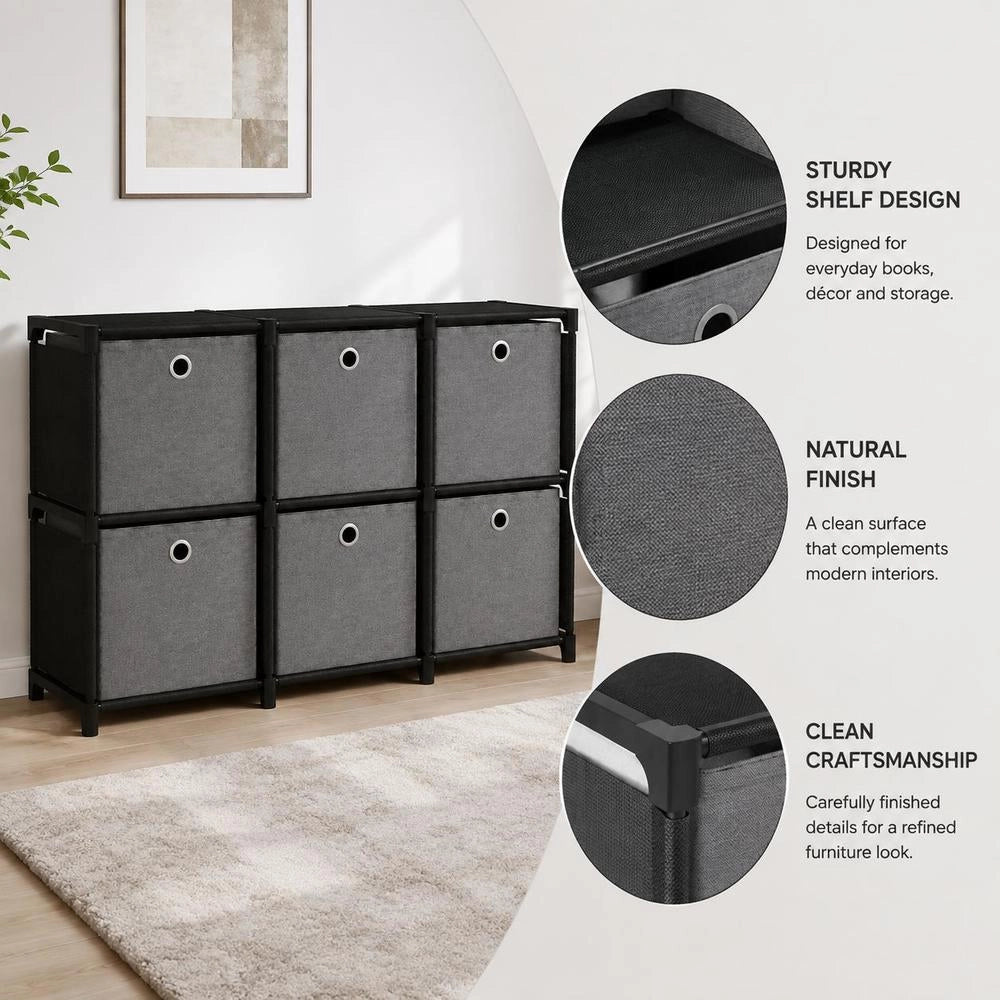 Cube Shelf With 6 Boxes, Black, 103x30x72.5 Cm, Fabric