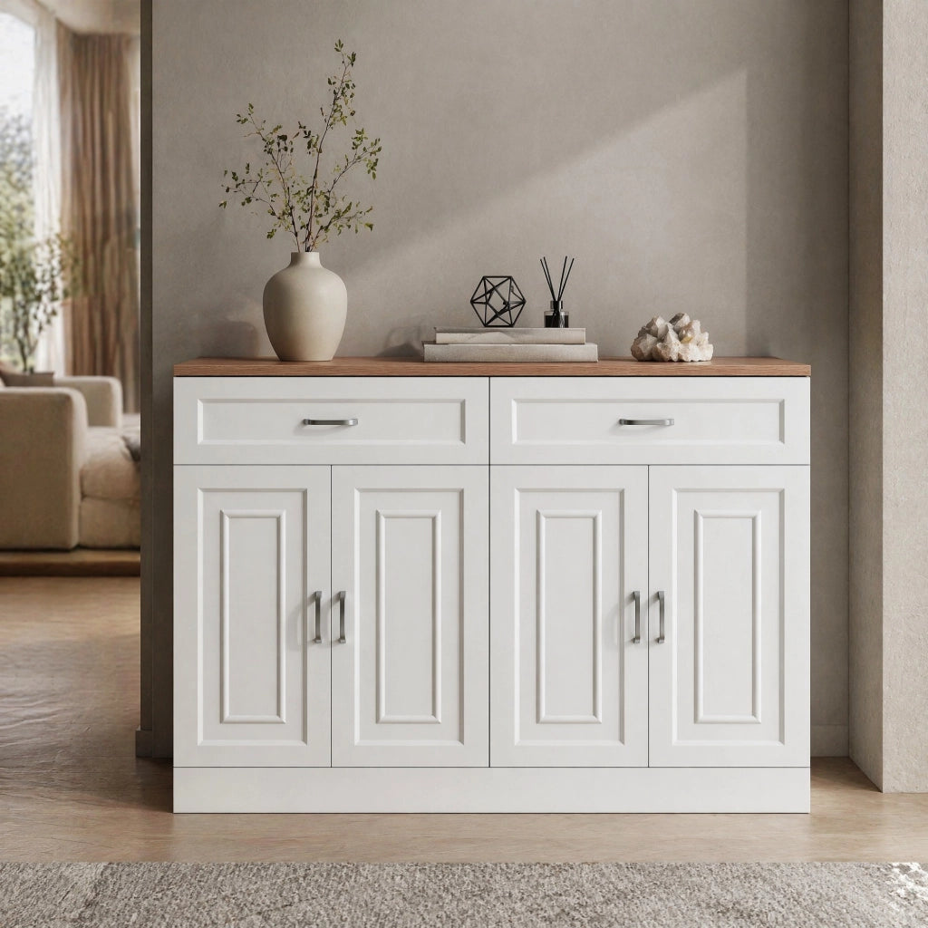 Credenza con 4 ante e 2 cassetti; ripiani regolabili; 120 x 35 x 80;5 cm; bianca