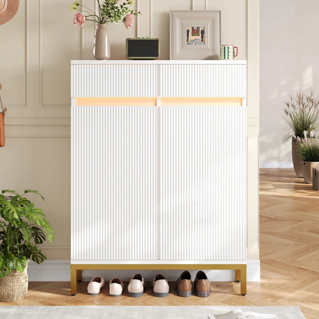 Scarpiera bianca con LED; 2 cassetti e 2 ante; ripiani regolabili; 80x35x103 cm
