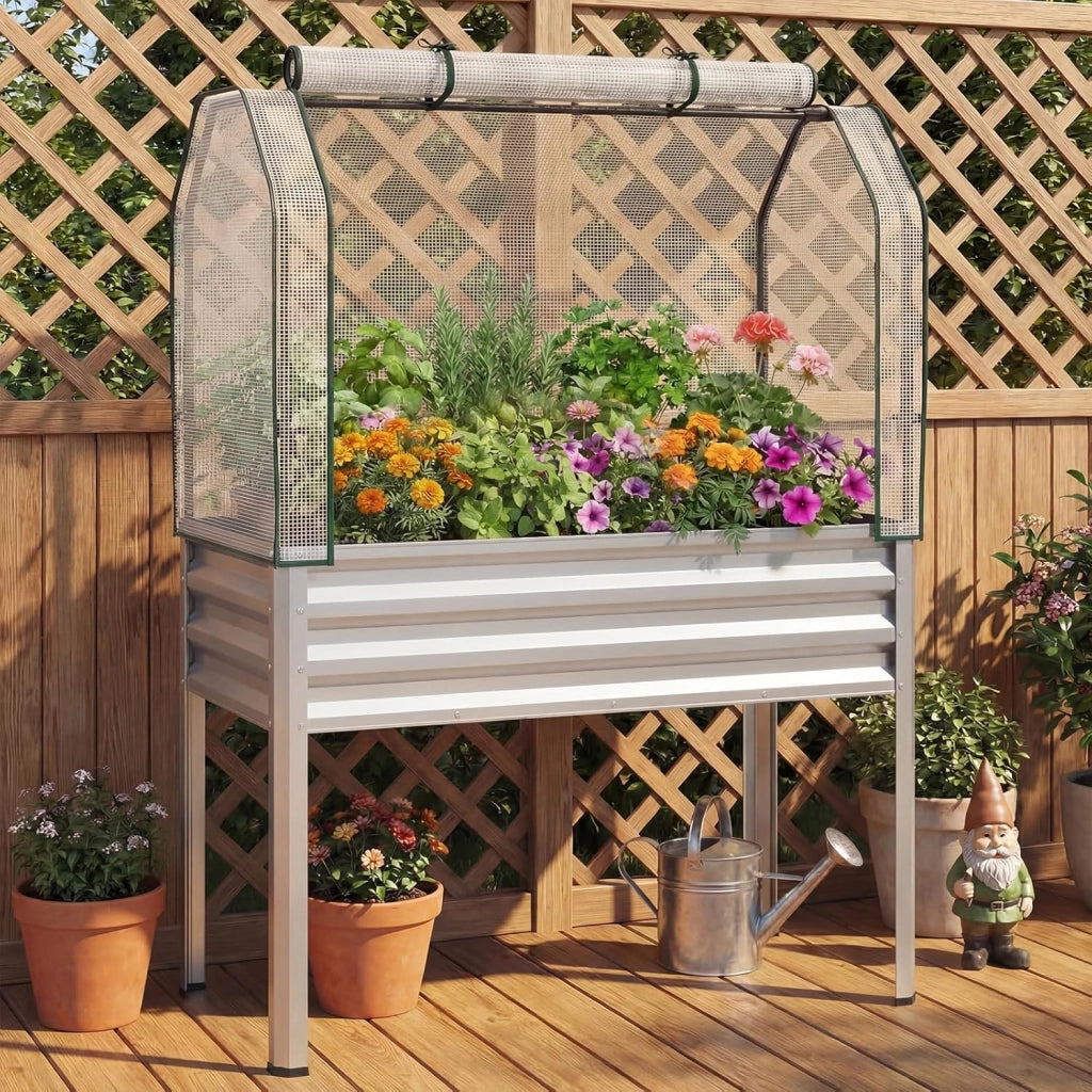 Orto Rialzato da Esterno con Serra, Fioriera Rialzata con Copertura in PE, Porta Avvolgibile con Cerniera e Guanti, Aiuola Rialzata per Verdure, Fiori e Frutta, 112 x 55 x 152 cm (Argento)
