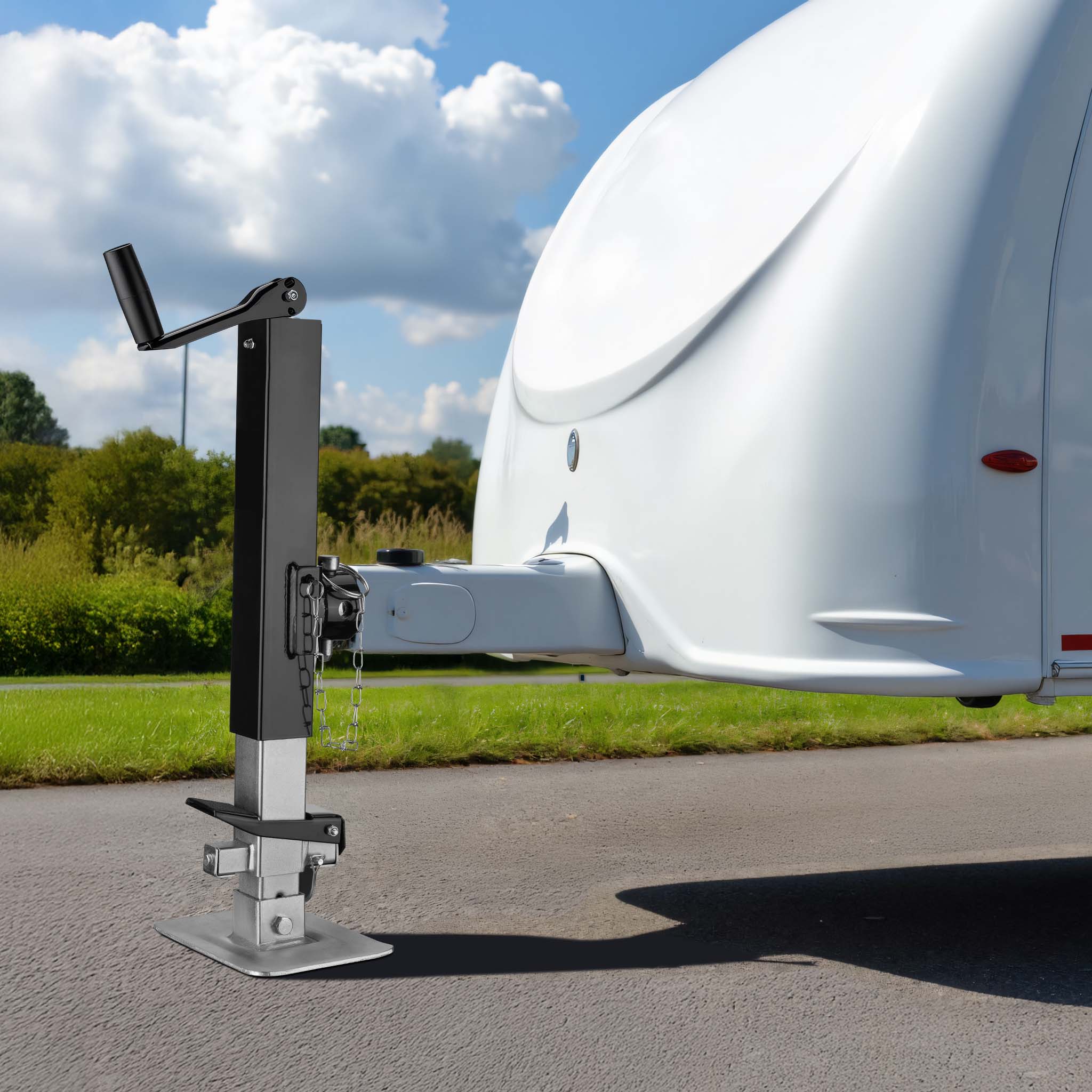 Piede stabilizzatore per rimorchi roulotte, max 900 kg, regolabile in altezza con manovella, con pedale e perno di sicurezza