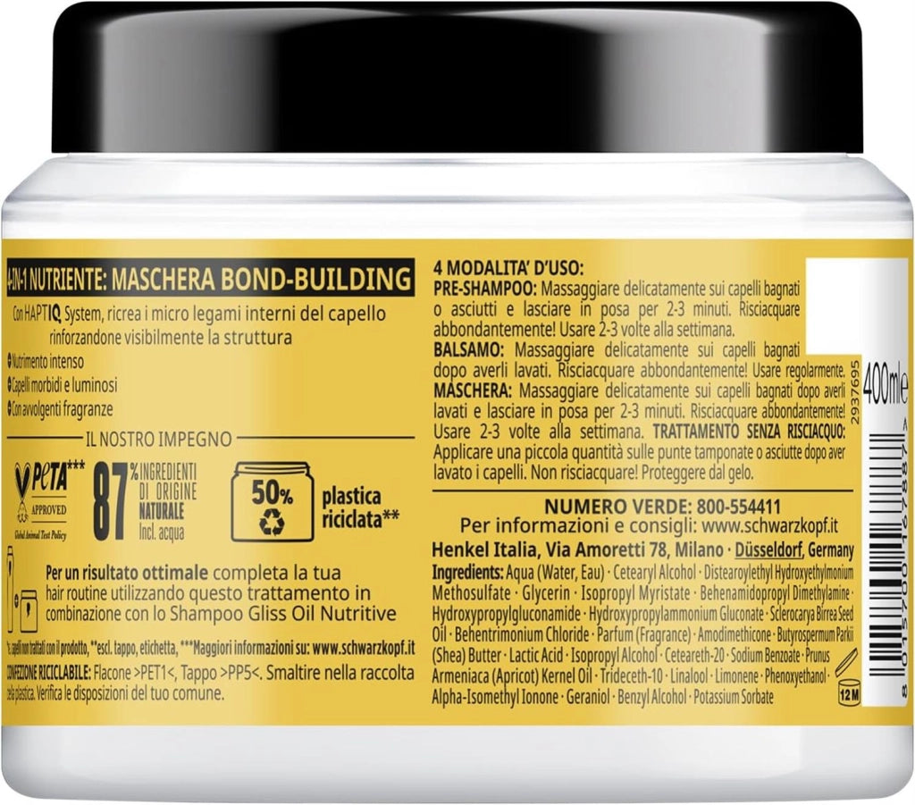 SCHWARZKOPF GLISS 4-IN-1 MASCHERA PER CAPELLI 400 ML OIL NUTRITIVE HAPTIQ SYSTEM + MARULA X CAPELLI FRAGILI E DANNEGGIATI