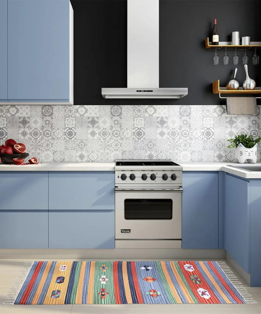 Tappeto KELIM 05 disegni etnici orientali colori vivaci cm.120x180 tessuto e frangia 100% cotone, lavabile in lavatrice