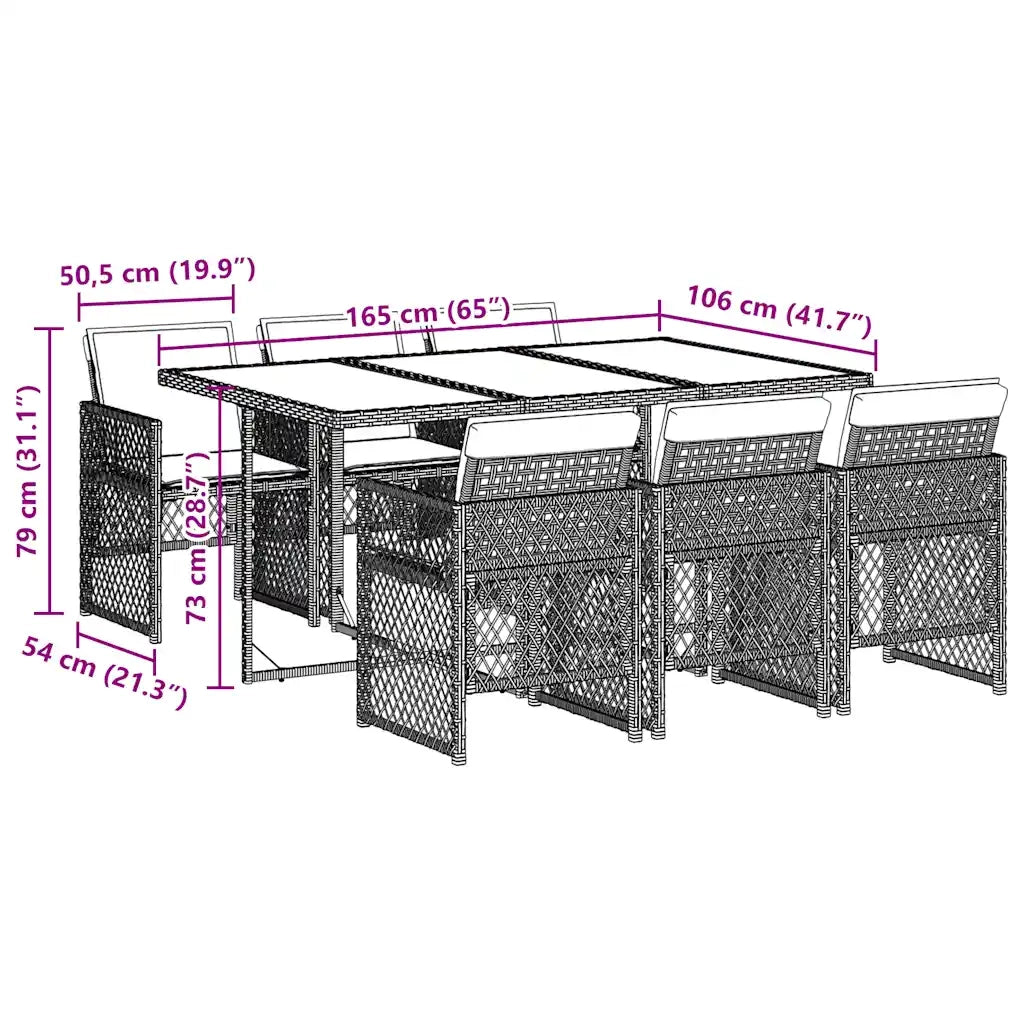 Set da Pranzo da Giardino 7 pz Nero con Cuscini in Polyrattan 3210735
