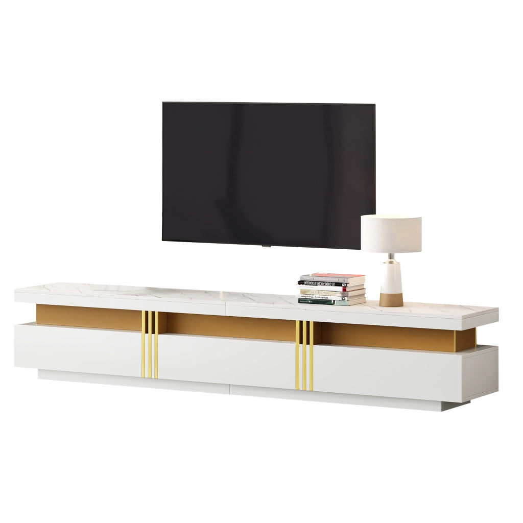 Mobile TV basso moderno effetto marmo, 200 x 40 x 42 cm, per TV fino a 90", 3 cassetti e gestione cavi