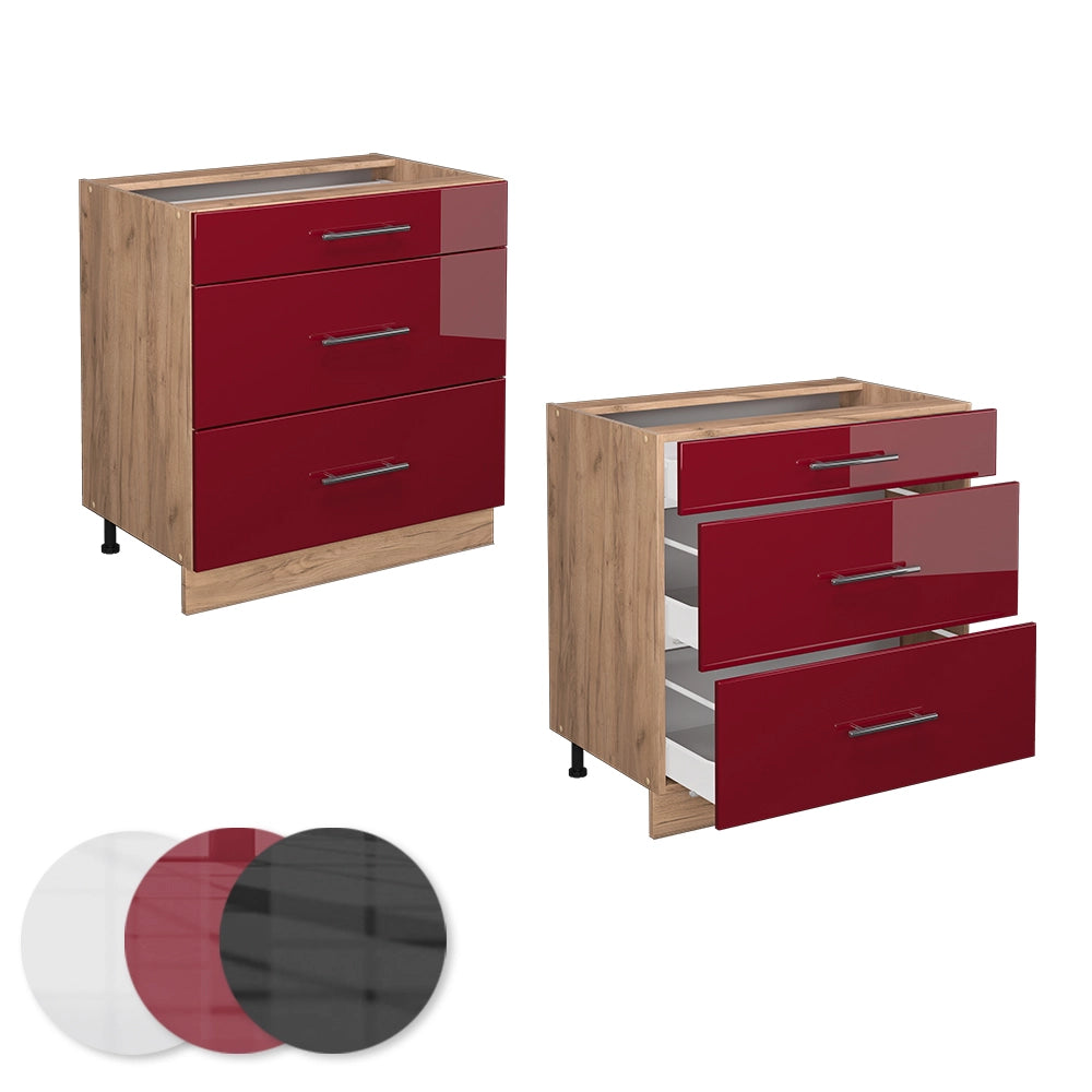 Mobiletto base per cucina Fame-Line Bordeaux lucido/Rovere dorato 80 cm con 3 cassetti, senza piano di lavoro Vicco