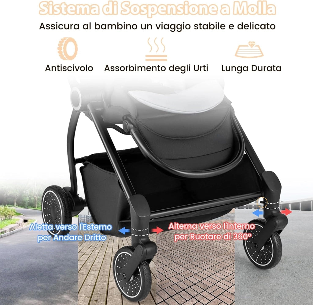 Passeggino per Bambini Reversibile, Passeggino Pieghevole per Neonati con Schienale Reclinabile, Cappotta Regolabile, Cestello Portaoggetti, per Neonati 0-36 Mesi, Portata 15 kg (Nero)