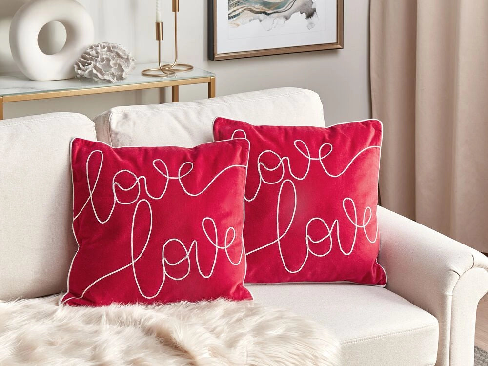 Set di 2 cuscini in velluto di cotone rosso fatto a mano con ricamo di scrittura quadrato 45 x 45 cm sfoderabile con imbottitura
