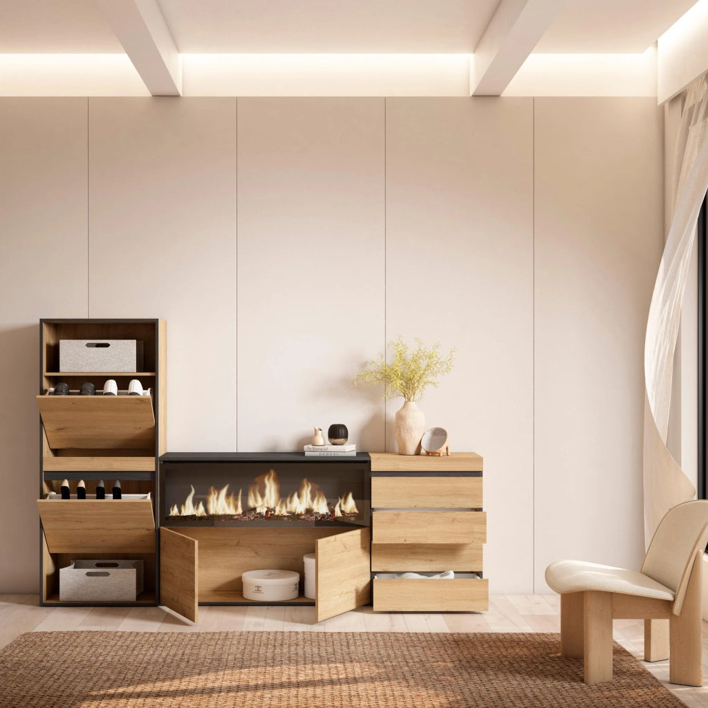 Scarpiera, 224x35x145cm, Camera da letto, Camino elettrico XXL, Cassettiera, colore Rovere RF3564