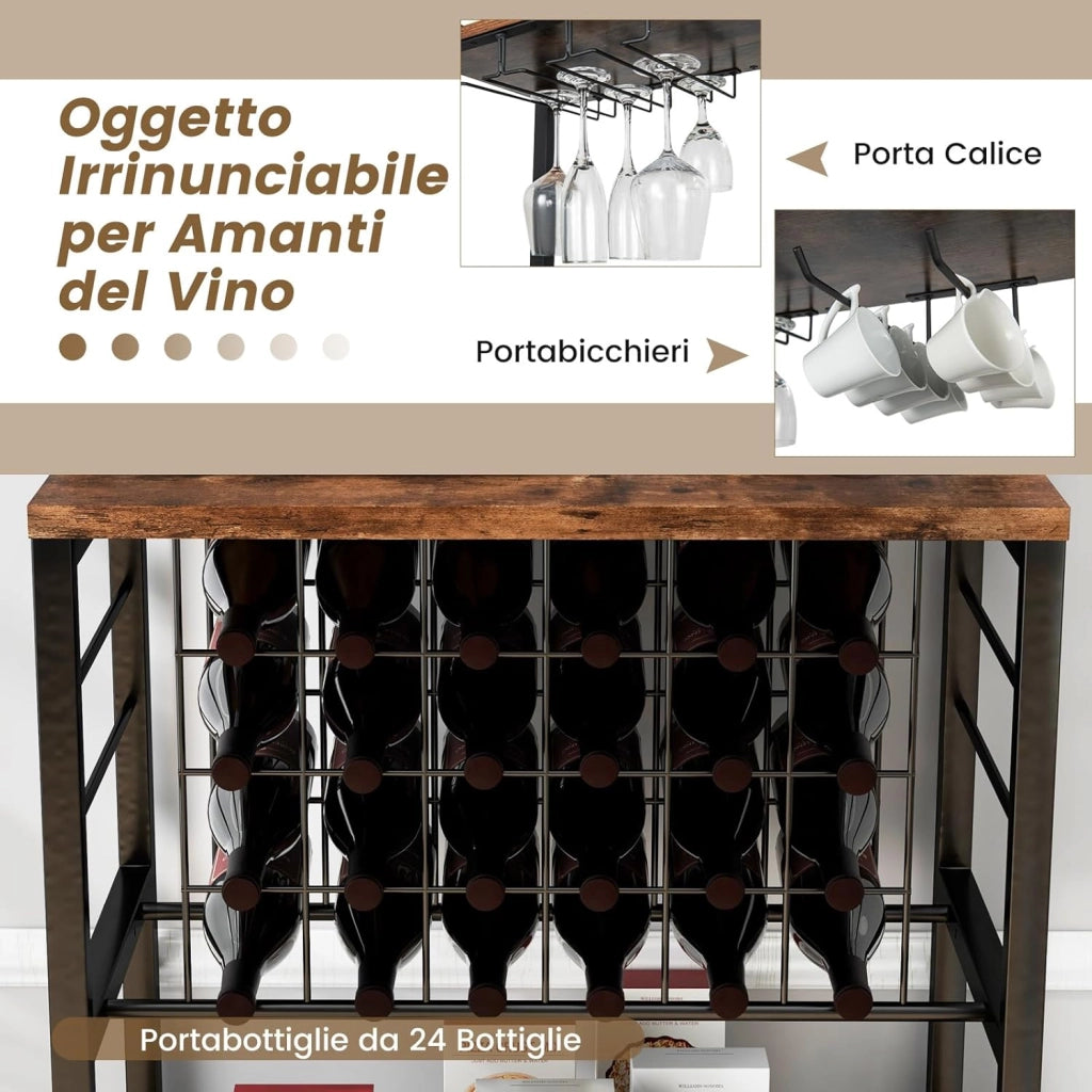 Mobile Bar Vino, Portabottiglie Industriale con 4 Ripiani, Porta Calici, Porte USB e Prese, con Struttura in Metallo Robusto, 75,5 x 48 x 163 cm