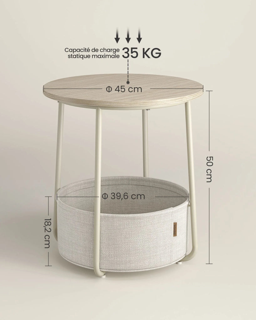 Tavolino rotondo piccolo con cestino in tessuto 45 x 50 cm contenitore per soggiorno/camera da letto/comodino stile moderno beige 12_0006930