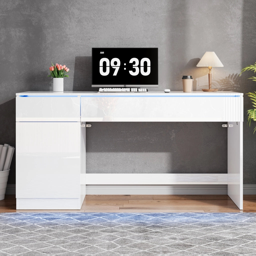 Scrivania moderna lucida 120 x 50 cm con LED, 2 cassetti e 1 anta, bianca