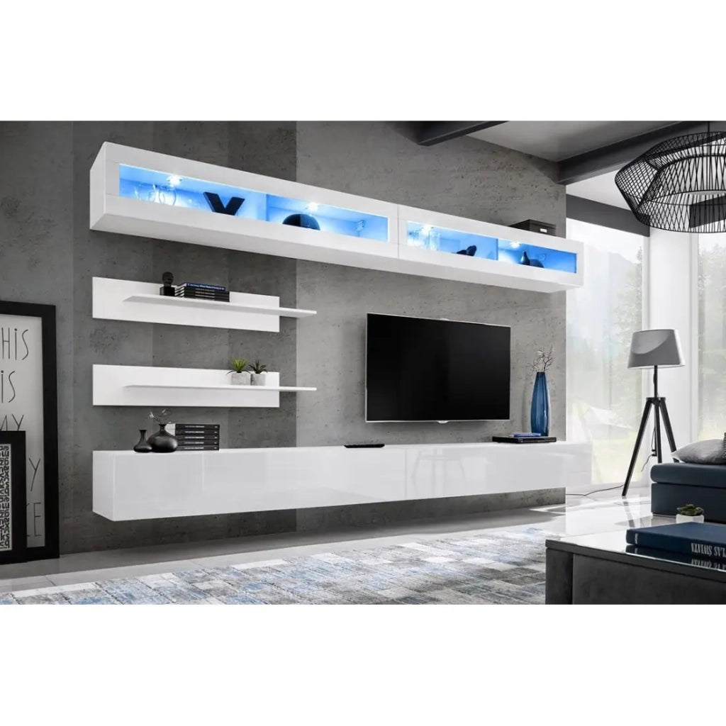 Set di mobili sospesi con LED della collezione FLY. Colore bianco.
