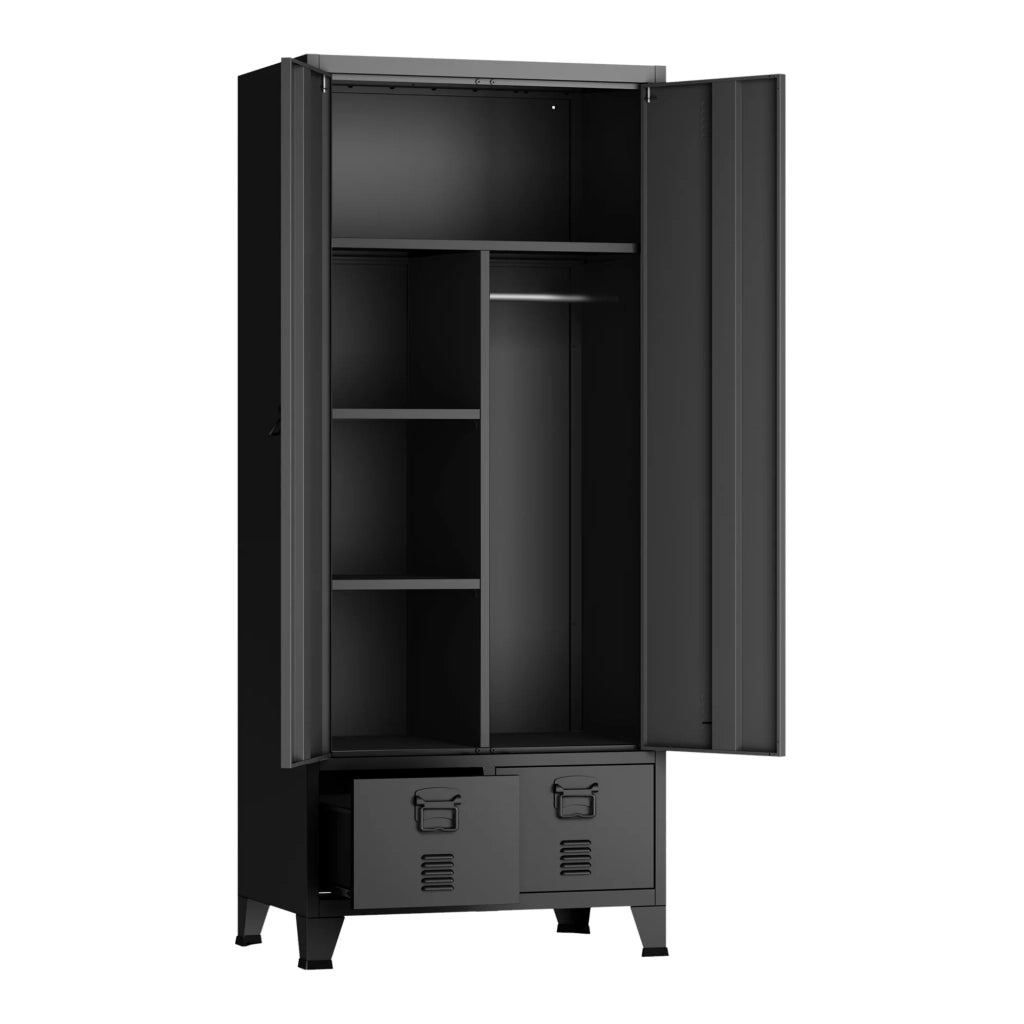 Mobile contenitore per camera da letto con ripiani 180 x 90 x 40 cm con 2 cassetti acciaio nero 03_0008875