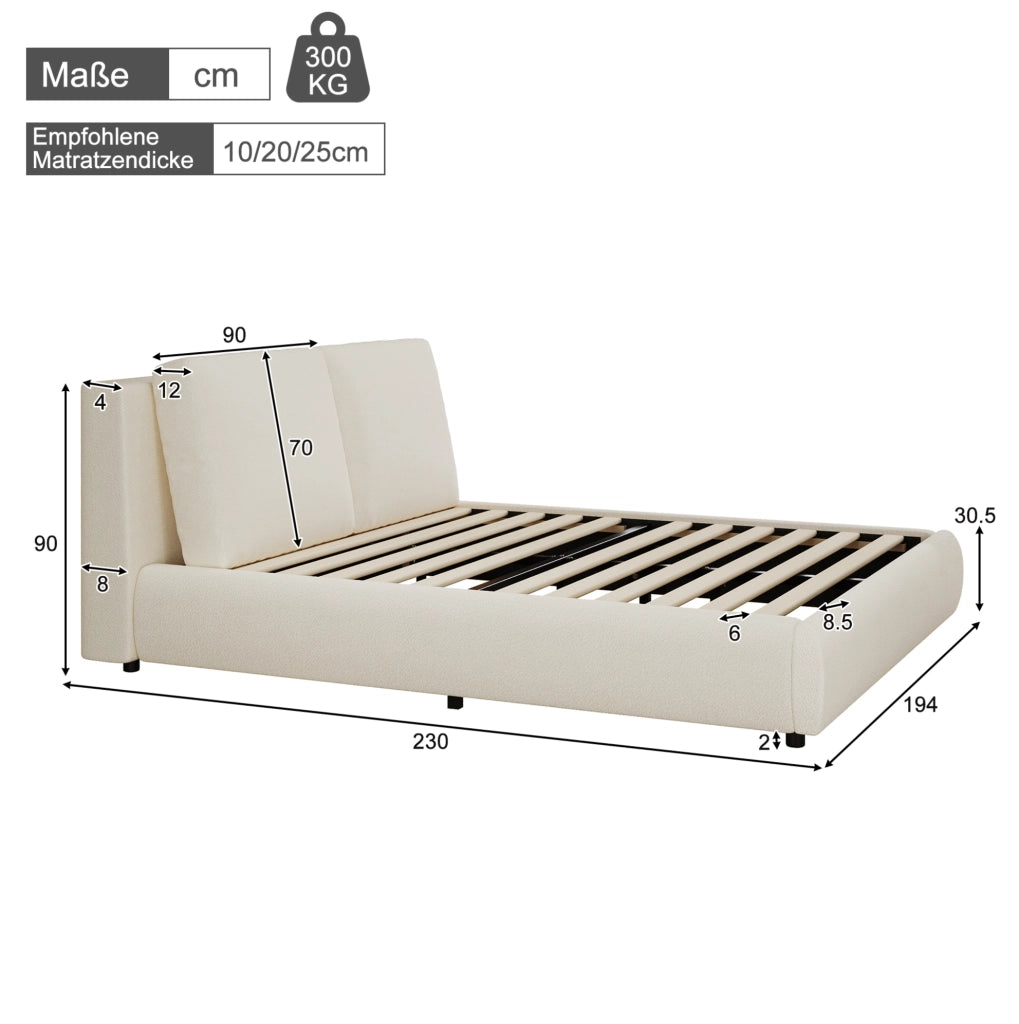 Letto matrimoniale imbottito in bouclé beige con rete inclusa