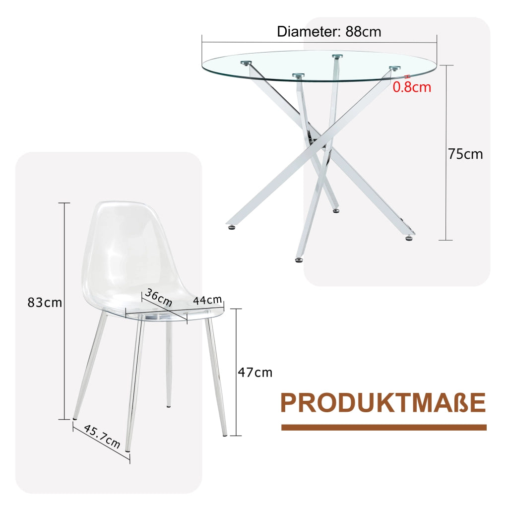 Set tavolo e sedie con 1 tavolo rotondo e 4 sedie in vetro temperato; plastica e metallo argento trasparente