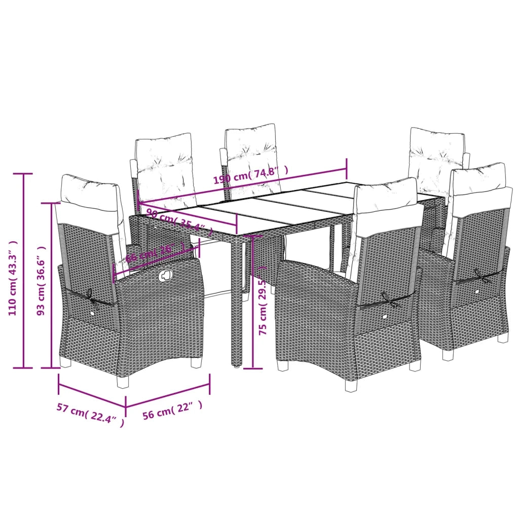 Set da Pranzo da Giardino 7 pz con Cuscini in Polyrattan Grigio