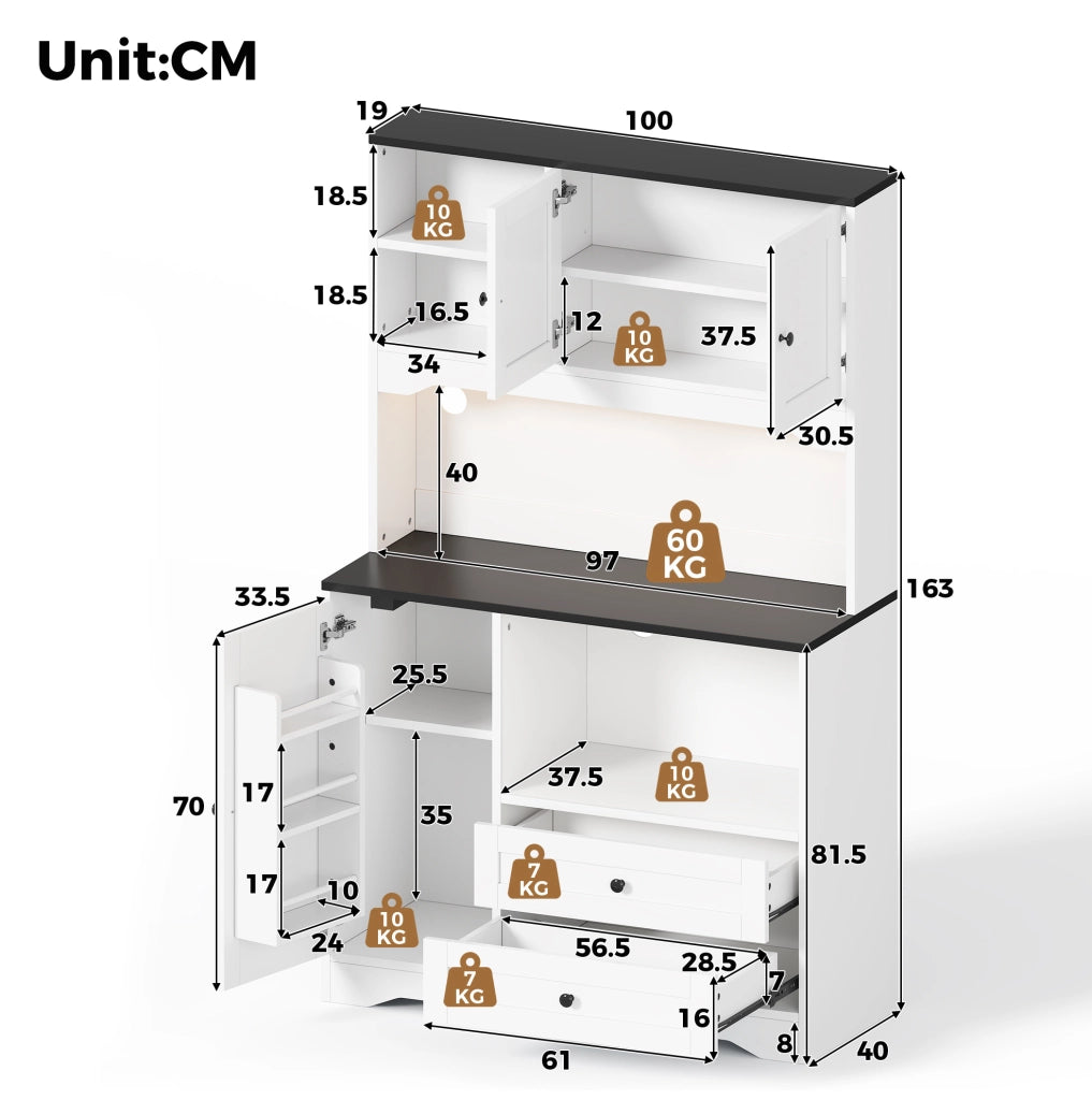 Mobile cucina multifunzione bianco con LED, prese USB e vano microonde