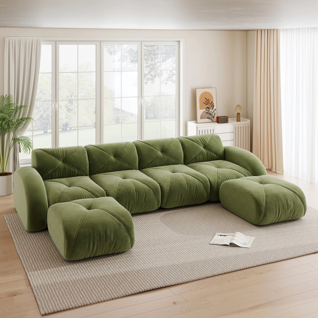 Divano modulare a U senza struttura con 4 posti e 2 pouf, in ciniglia verde, antiscivolo, per soggiorno, senza montaggio