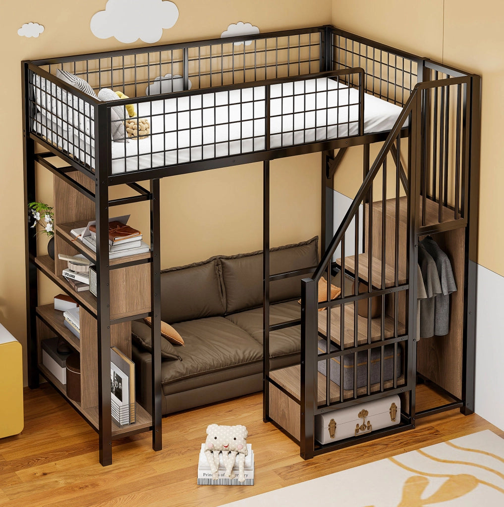 Letto a soppalco 90x200 cm con scala contenitore e vani portaoggetti