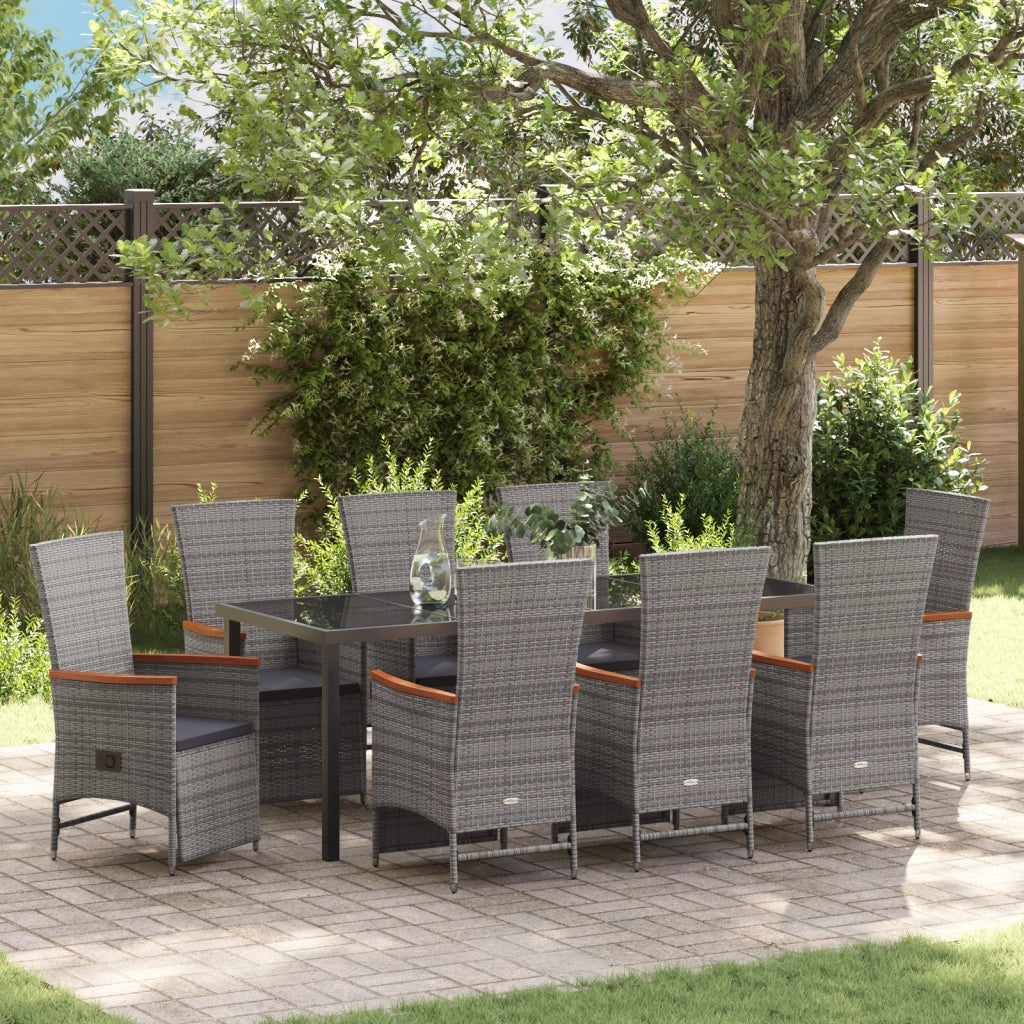 Set da Pranzo da Giardino 9 Pezzi con Cuscini Grigio in Polyrattan
