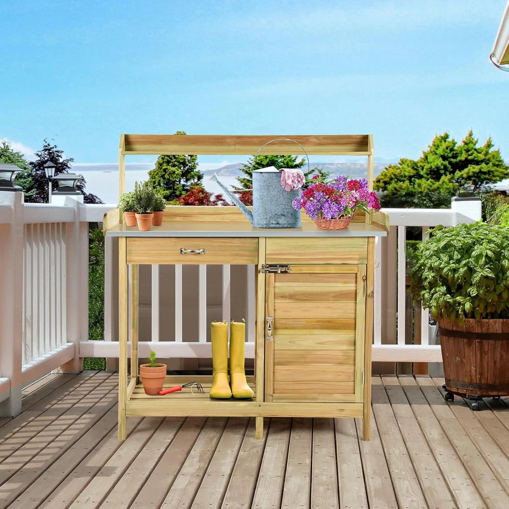 Tavolo Lavoro per Giardinaggio per Piante in Legno di Abete, Banco da Giardino con Cassetto, Armadietto, Mensola Aperta e 3 Ganci, Tavolo di Giardinaggio, 112 x 46 x 125 cm, Naturale