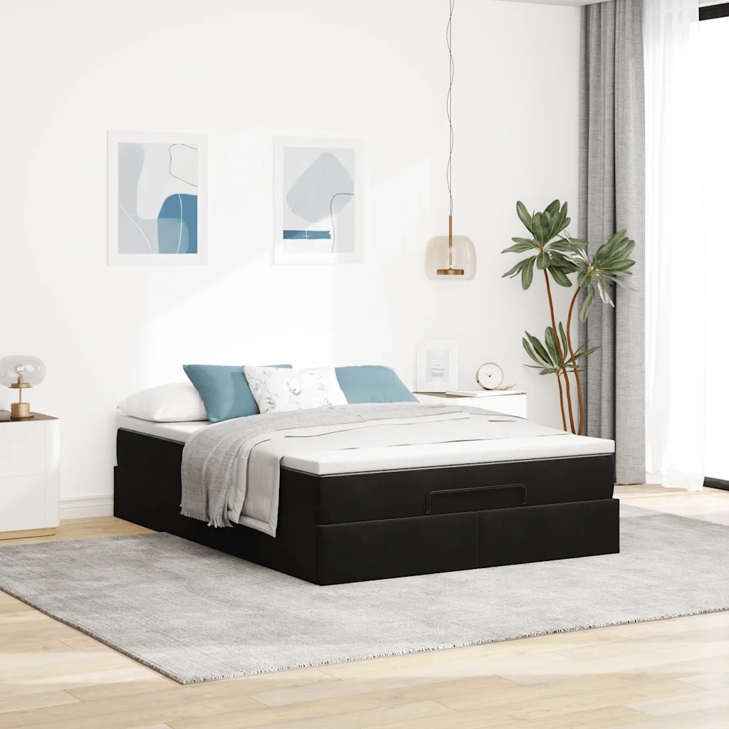 Struttura Letto Pouf con Materasso Nero 140x200 cm in Velluto