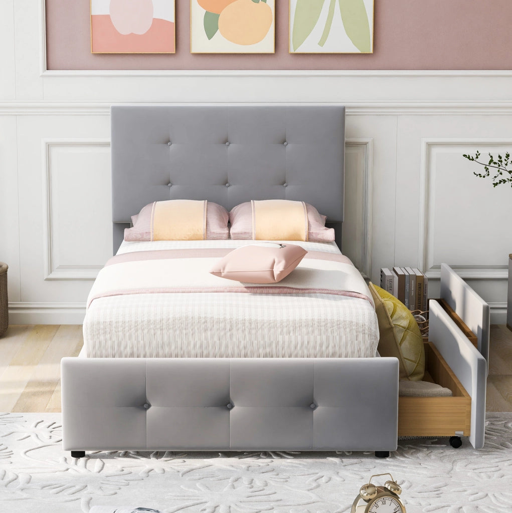 Letto singolo imbottito 90x200 cm con rete a doghe e cassetto; velluto grigio