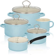 Set di pentole in email a 5 pezzi in pastello blu con coperchi e pentola per latte