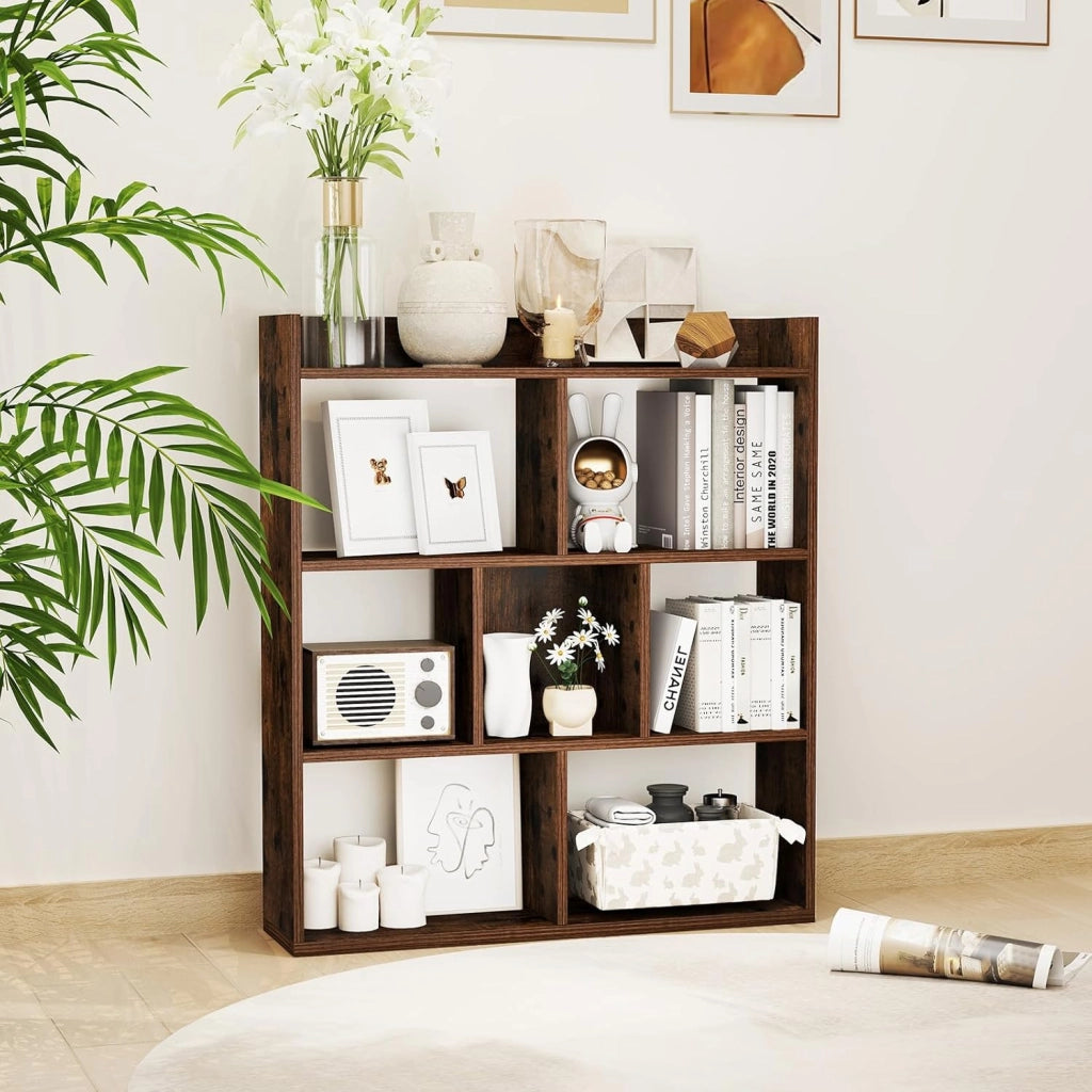Libreria a Cubi con 7 Scomparti, Mensola Espositiva per l'Archiviazione, Libreria in Legno con Dispositivi Anti-Ribaltamento, per Studio Soggiorno, 80x20x90 cm (Caffè)