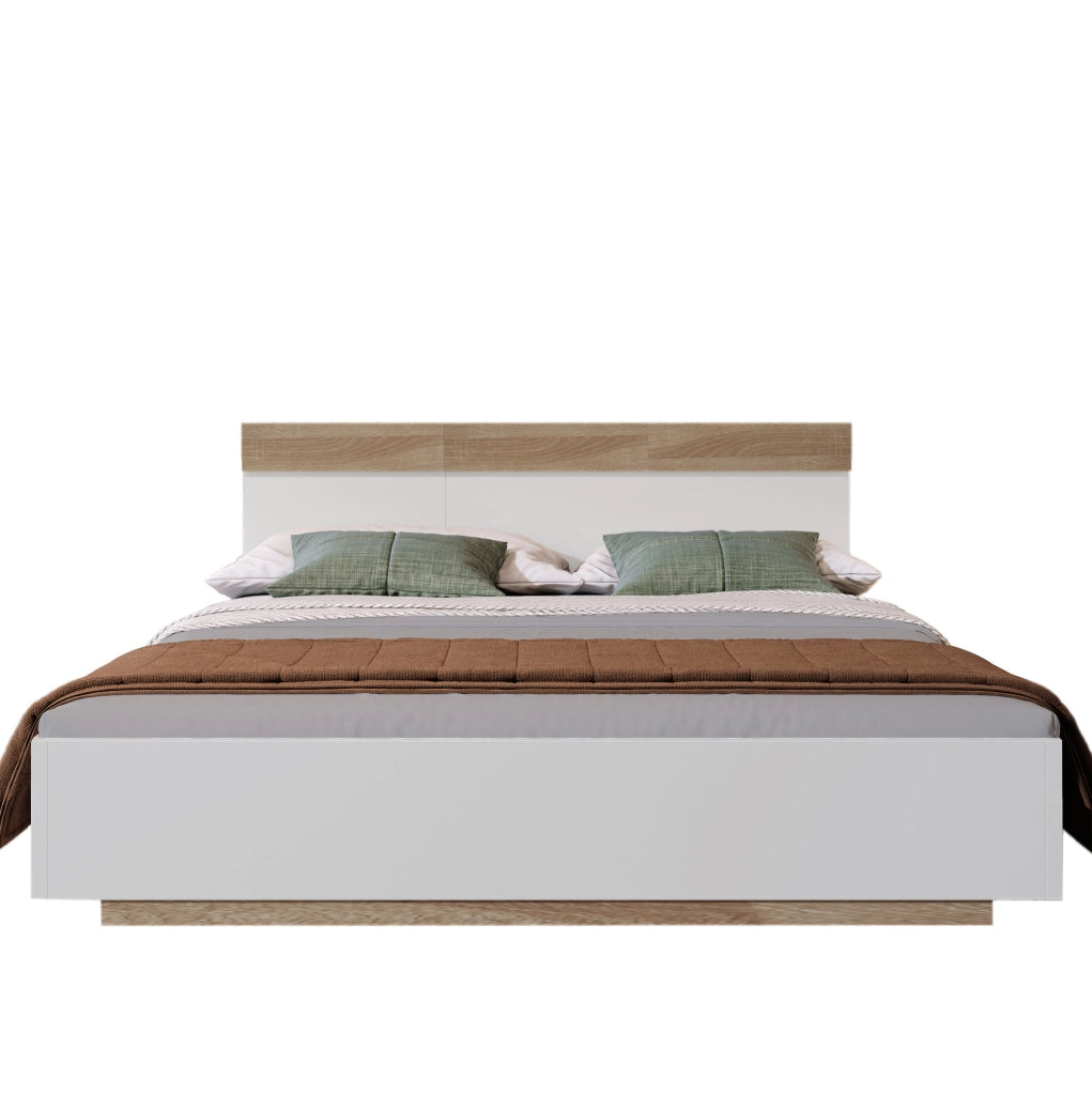 Letto matrimoniale 160x200 cm con testiera e rete a doghe; legno bianco e rovere Sonoma